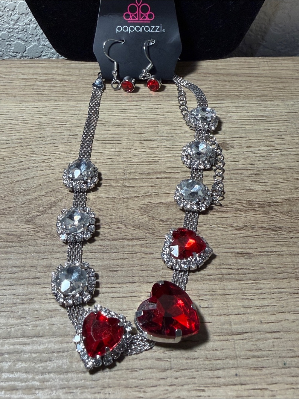 paparazzi Silver-Tone Necklace Set with Red Heart Gems and Clear Crystals
